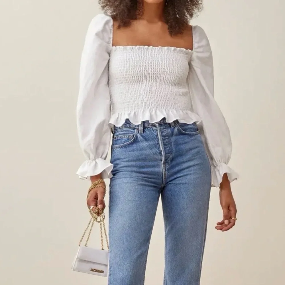 White Smocked Puff Sleeve Top